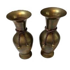 Vintage Traditional Brass 2 7" Bud Vases Urn Style Braided Rope & Tassel Design